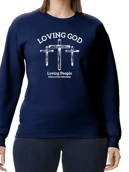 Hickory Flat Fellowship Crewneck Fleece - Three Crosses Design