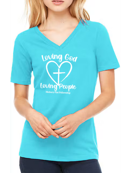 Hickory Flat Fellowship Ladies Vneck - Heart Design