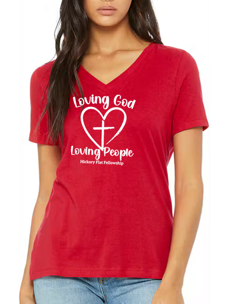 Hickory Flat Fellowship Ladies Vneck - Heart Design